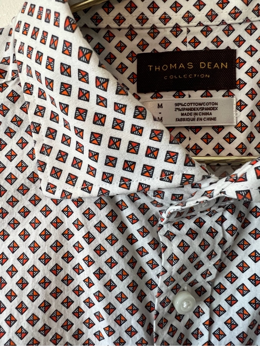 Thomas Dean White Shirt with Orange & Black Geometric Motif